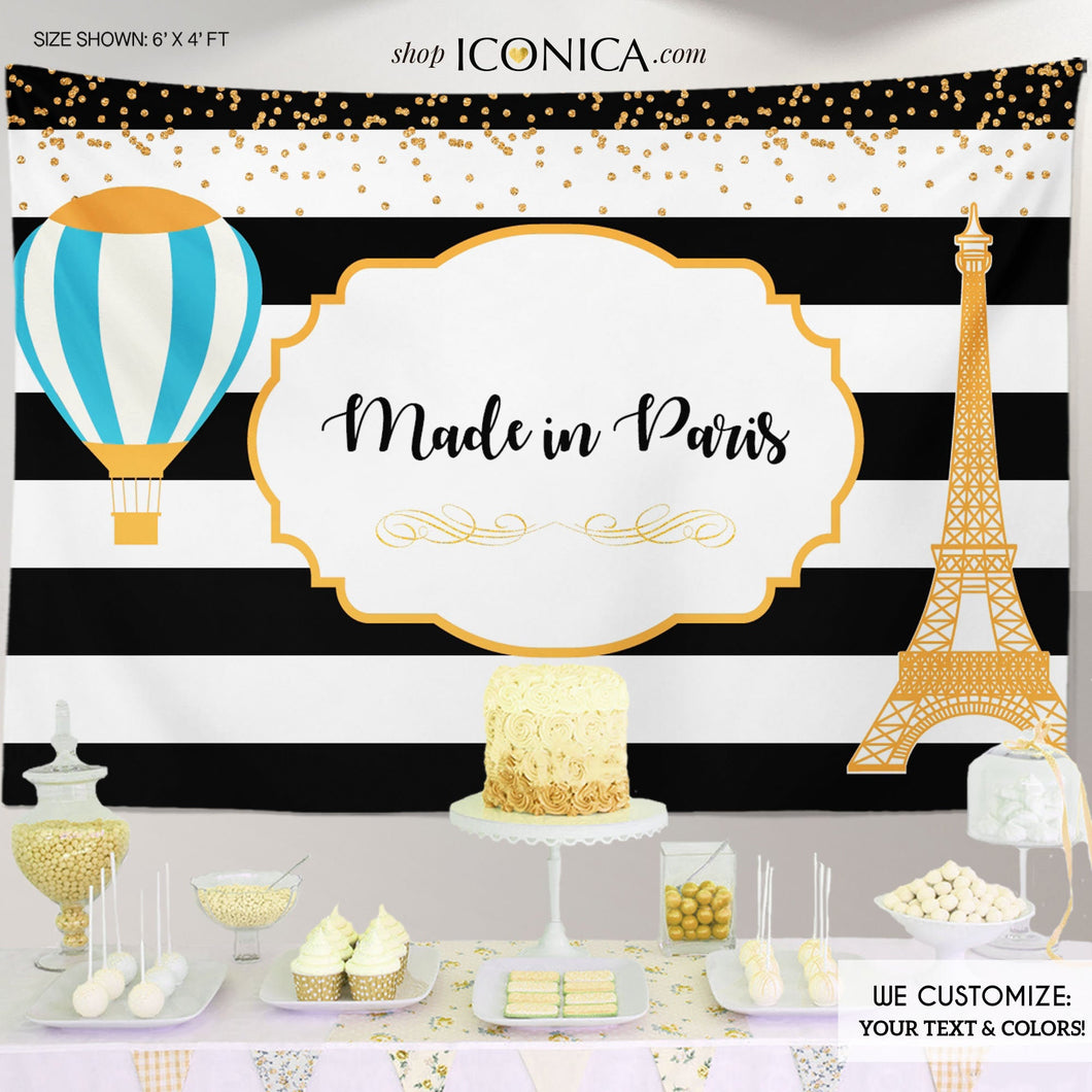 Virtual Baby Shower Frecnh Baby Shower Party Backdrop, Made in Paris, Hot Air Balloon Baby Shower Banner, Any Wording, French Party, BBS0037