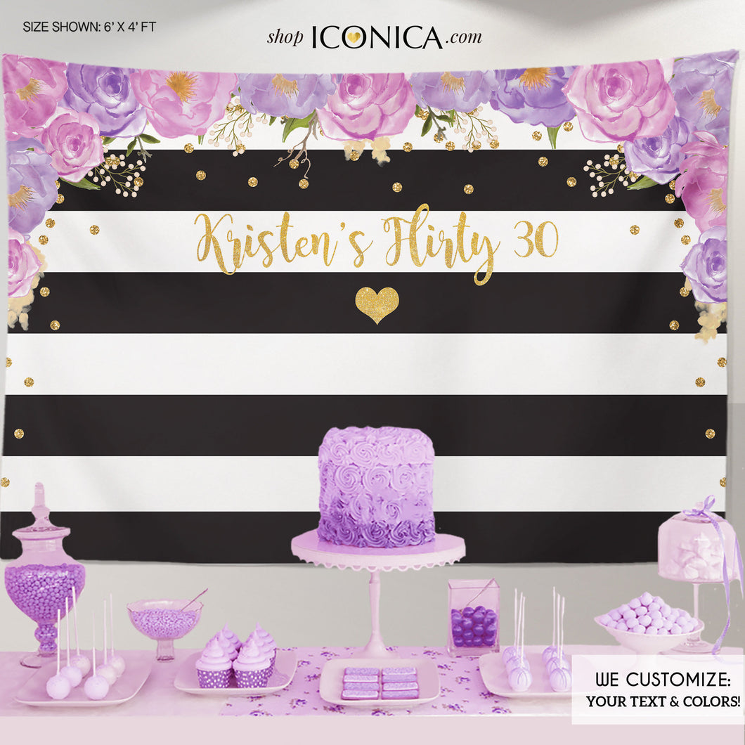 Birthday Floral Party Backdrop, Black And White Stripes, 30 and fabulous, Milestone Birthday Backdrop, 30th Banner, Any Event, Printed BBD0079