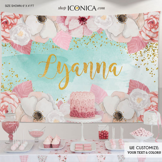 Floral Bridal Shower Backdrop, Gold Mint and Pink Dessert Table Banner Any Event Watercolor Flowers Garden Printed BAE0016