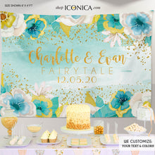 Load image into Gallery viewer, Bridal Shower Backdrop, Mint and Gold Floral Backdrop ,Garden Party Banner, Fairytale Wedding Decor, Printed BBR0011
