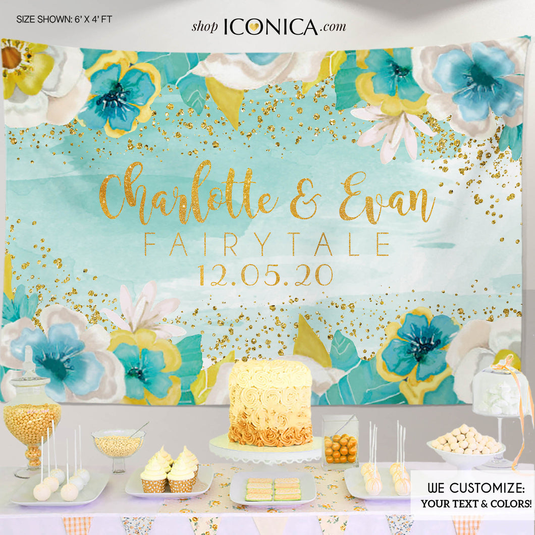 Bridal Shower Backdrop, Mint and Gold Floral Backdrop ,Garden Party Banner, Fairytale Wedding Decor, Printed BBR0011