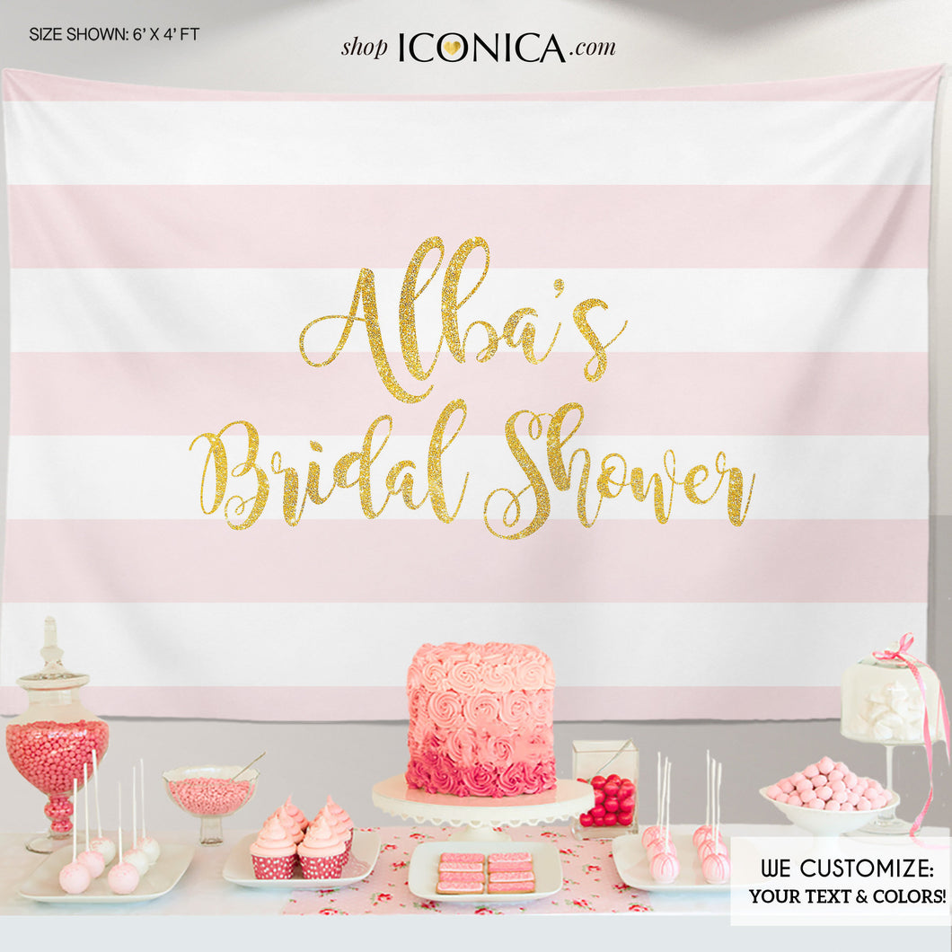 Bridal Shower Backdrop Personalized, Pink Striped Banner Or Any Color,Pink and Gold Dessert Table Banner Printed Bbr0009