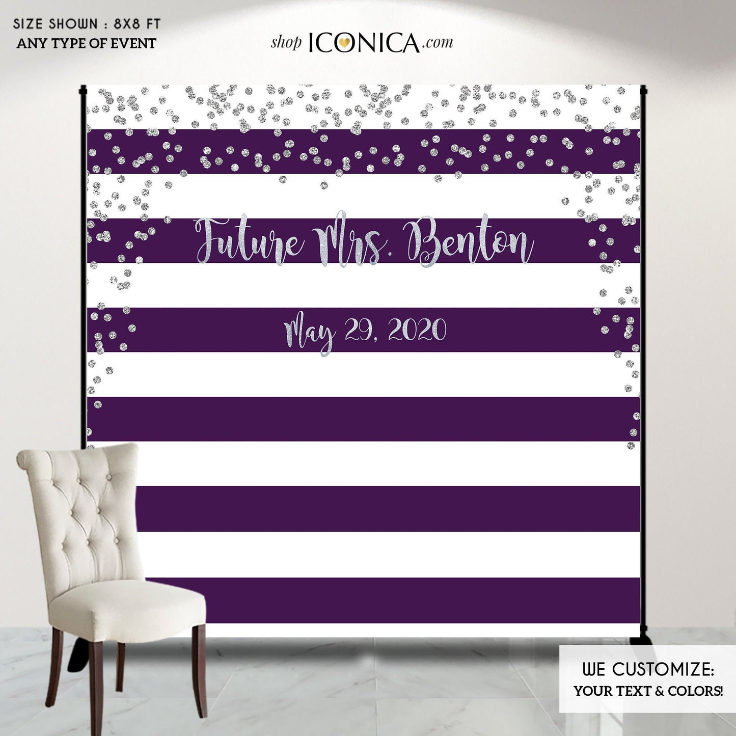 Bridal Shower Party Backdrop, Purple and Silver Party Backdrop, Dessert Table Banner, Striped Banner - Printed BBR0018
