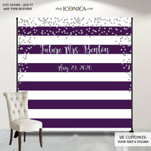 Load image into Gallery viewer, Bridal Shower Party Backdrop, Purple and Silver Party Backdrop, Dessert Table Banner, Striped Banner - Printed BBR0018

