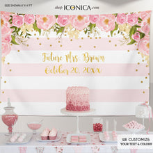 Load image into Gallery viewer, Floral Bridal Shower Backdrop, Gold And Pink, Dessert Table Banner, Pastel Colors, Flowers Garden, Printed BBR0001
