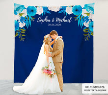 Load image into Gallery viewer, Engagement Party Backdrop, Blue Wedding Photo Booth Backdrop, Floral Blue Photo Backdrop,Navy Blue Wedding Decor BWD0017
