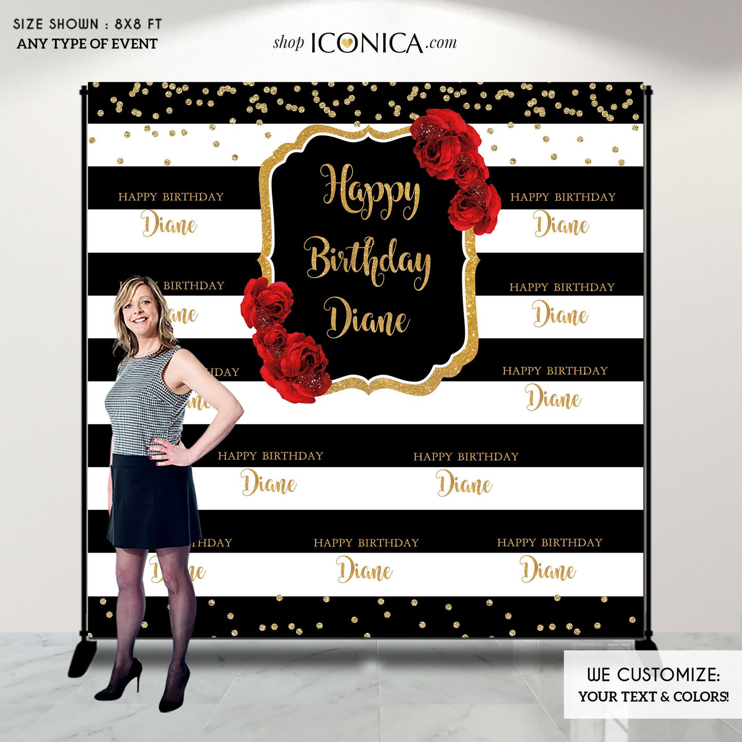 50 Birthday Photo Booth Backdrop,50th Birthday Party Backdrop, Floral Banner Red Roses and Gold Backdrop, Black and White Backdrop - Milestone Birthday Backdrop