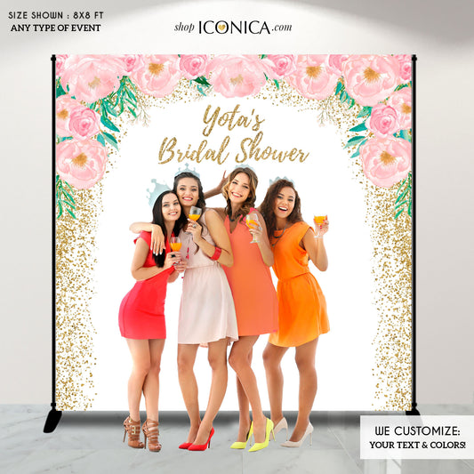 Floral Pink and Gold Photo Booth Backdrop,Custom Step And Repea Bridal Shower Party Backdrop, pink peonies ,Printed BBR0021