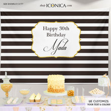 Load image into Gallery viewer, 30th Birthday Party Backdrop, Black And White Stripes Gold - Birthday Backdrop Any Age Or Event - Milestone Birthday Backdrop - Printed Bbd0052
