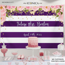 Load image into Gallery viewer, Floral Bridal Shower Party Backdrop, Purple and Silver Party Backdrop, Dessert Table Banner, Striped Banner - Printed
