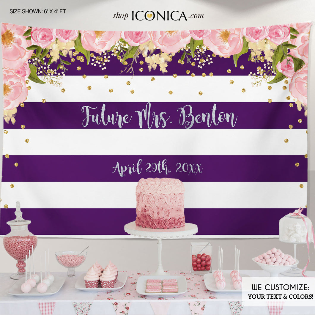 Floral Bridal Shower Party Backdrop, Purple and Silver Party Backdrop, Dessert Table Banner, Striped Banner - Printed