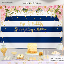 Load image into Gallery viewer, Bridal Shower floral Party Backdrop, Blue and White Stripes, Bridal Shower Banner any event Gold Confetti, Printed BBR0004
