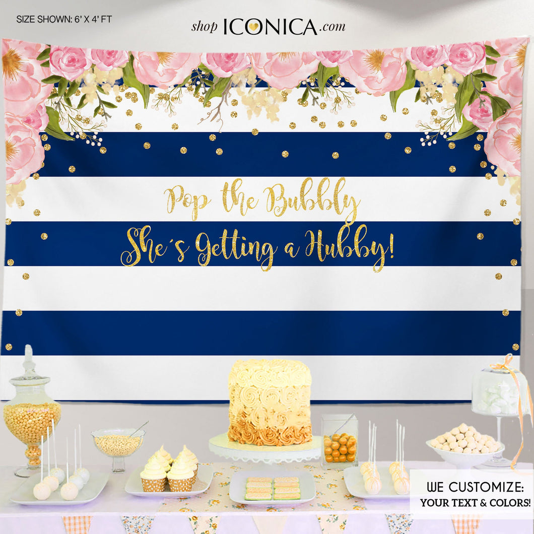Bridal Shower floral Party Backdrop, Blue and White Stripes, Bridal Shower Banner any event Gold Confetti, Printed BBR0004
