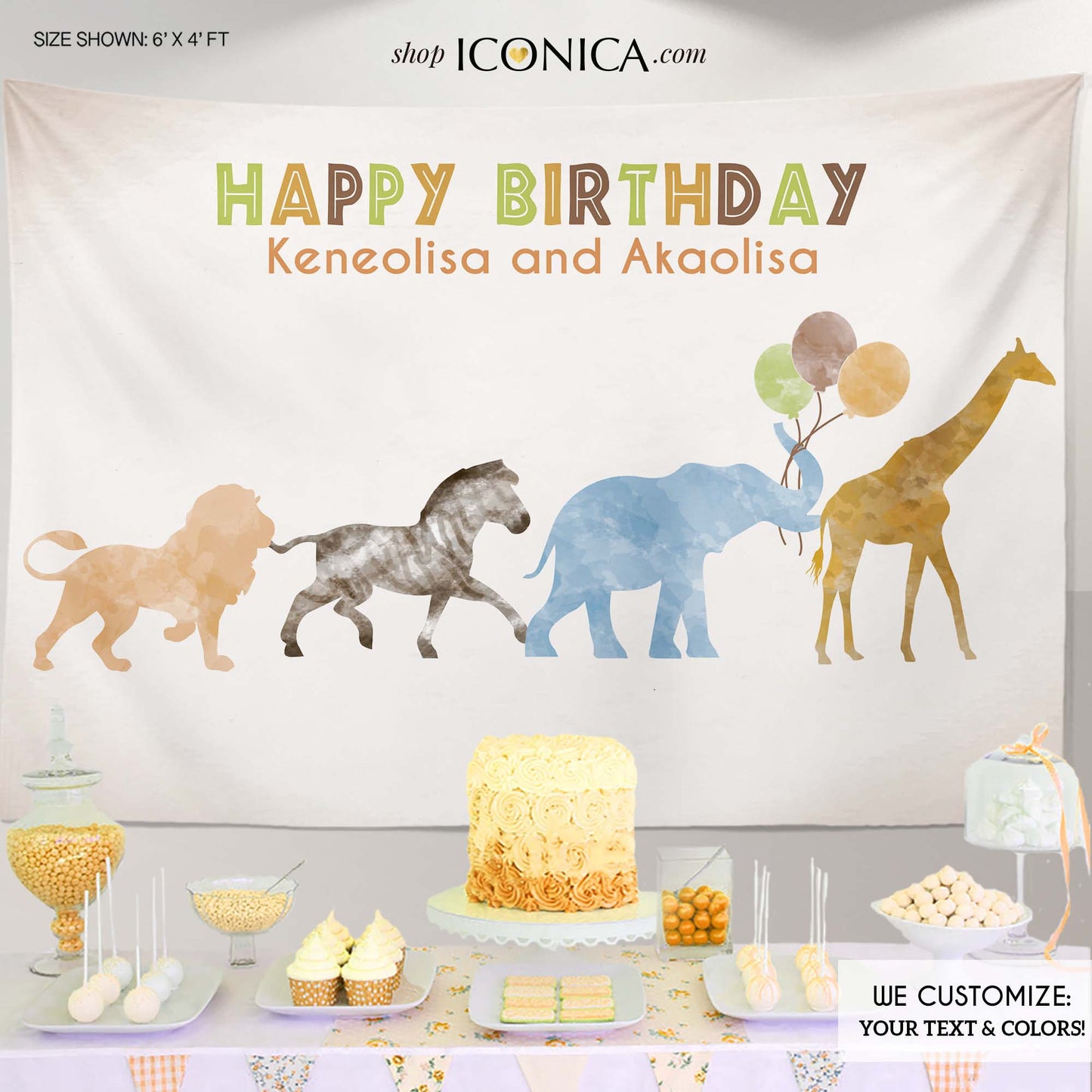 Safari Backdrop, Party Animals Backdrop, Safari Banner Jungle Animals Backdrop Watercolor Animals Banner Printed Or Digital File Bbd0053