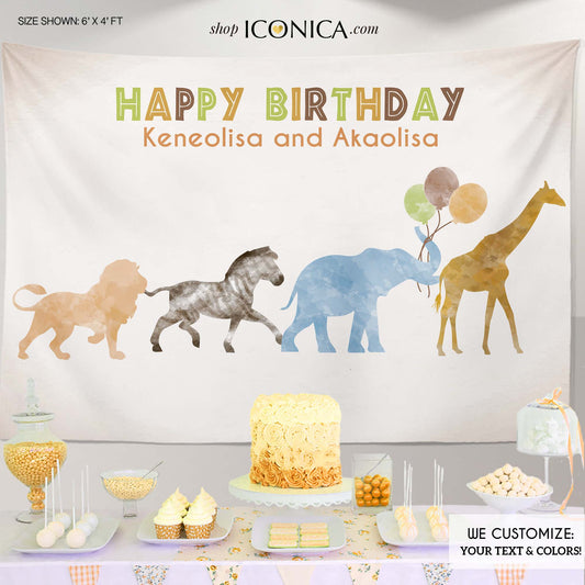 Safari Backdrop, Party Animals Backdrop, Safari Banner Jungle Animals Backdrop Watercolor Animals Banner Printed Or Digital File Bbd0053