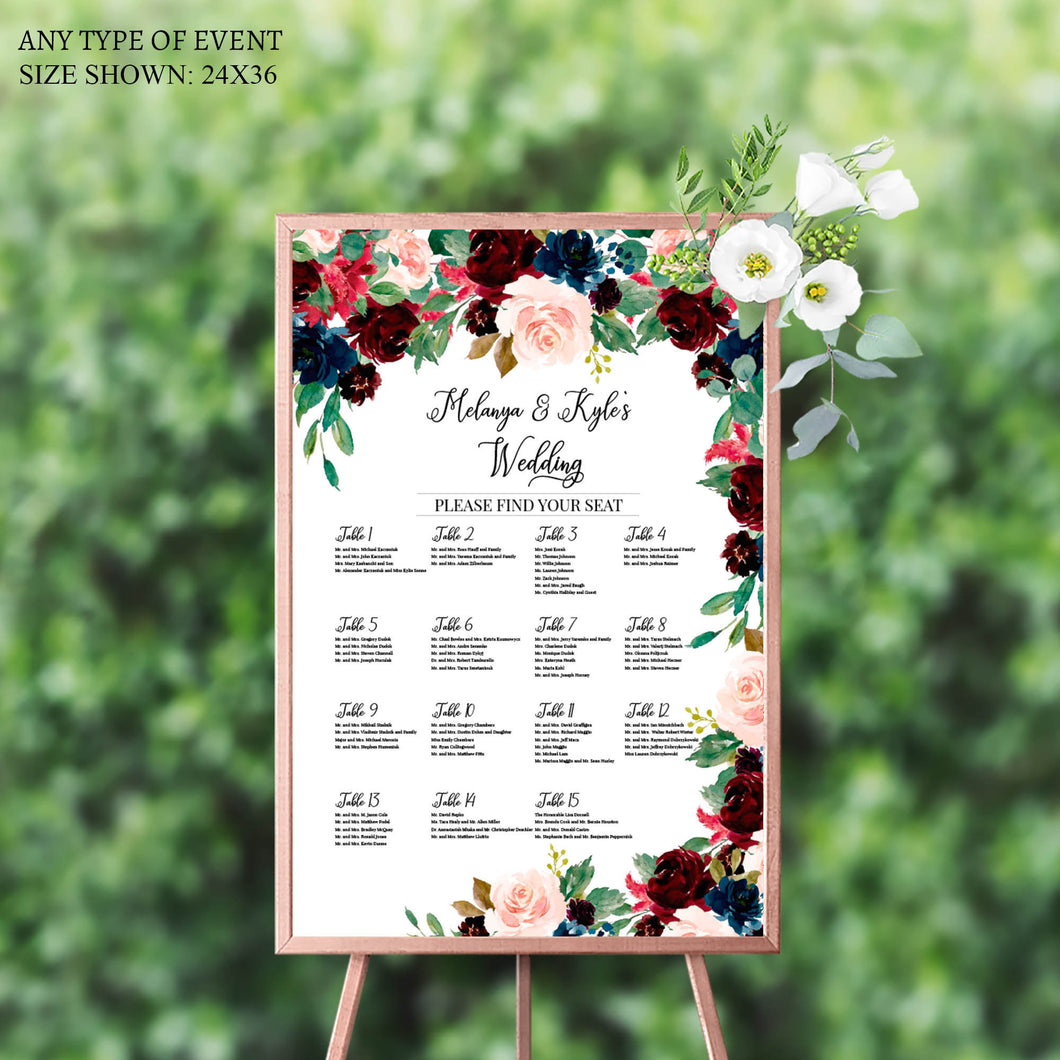 Wedding Seating Chart Board Navy and Burgundy, Engagement Party Seating Chart Floral,Printed Seating Chart,Guest List Chart {AVA Collection}