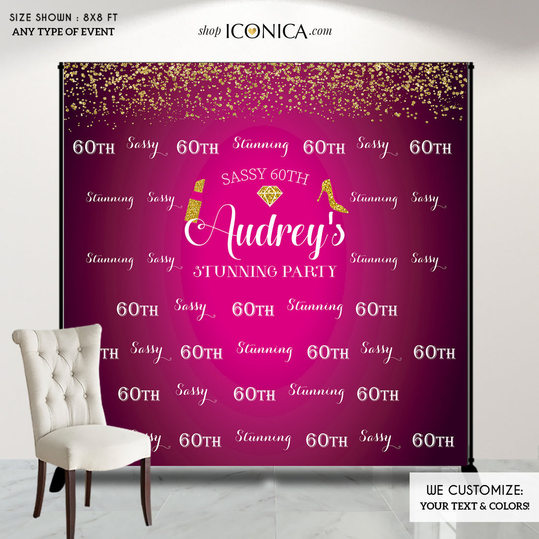 Sassy 60th Party Backdrop - 60 and Stunning Dessert Table Banner - Milestone Birthday Backdrop- Gold Confetti Hot Pink Banner Printed BBD0059
