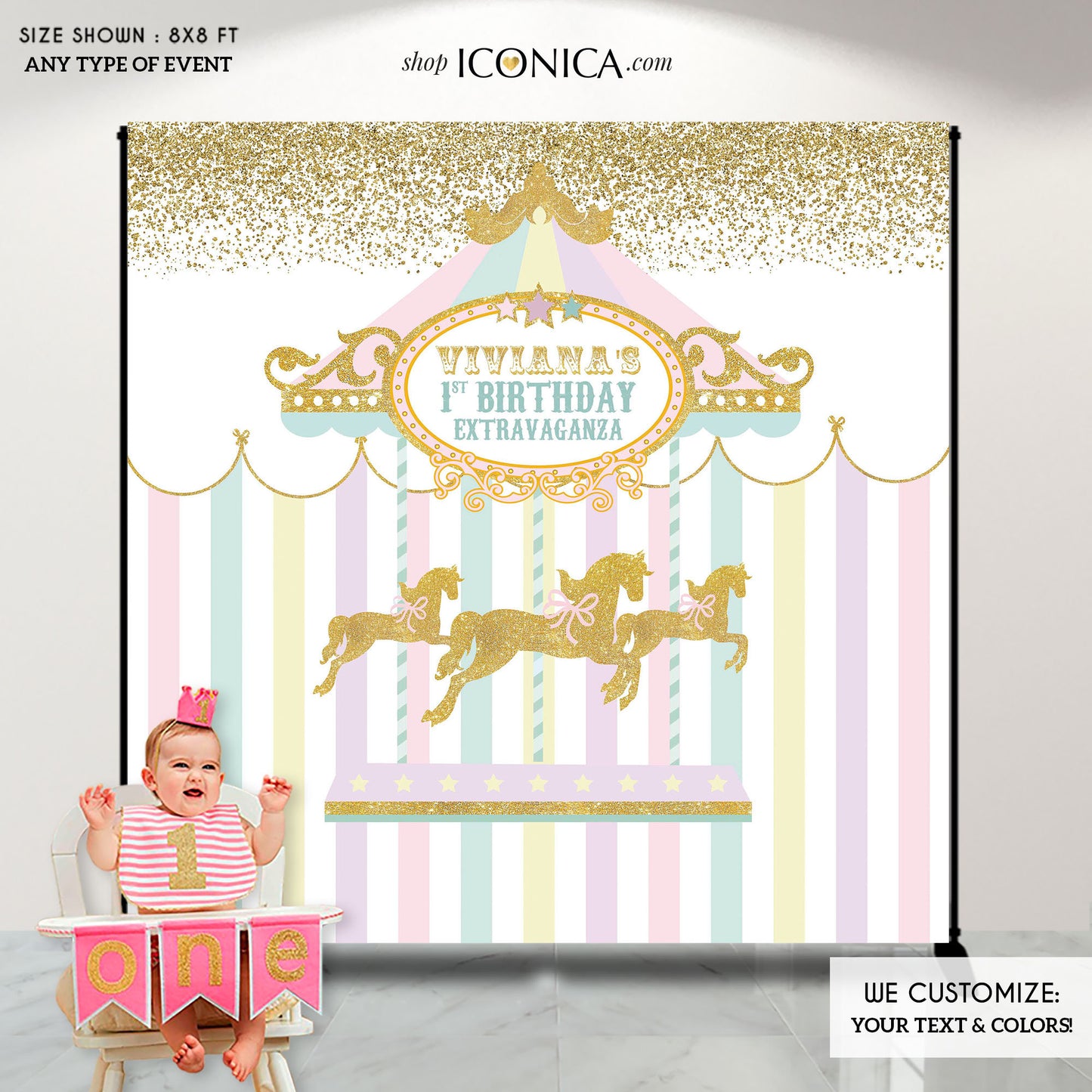 Carousel Party Backdrop First Birthday Any Age Girls Baby Shower Banner Girl Circus Banner Pastel Colors Printed Bbd0005