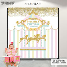 Load image into Gallery viewer, Carousel Party Backdrop First Birthday Any Age Girls Baby Shower Banner Girl Circus Banner Pastel Colors Printed Bbd0005
