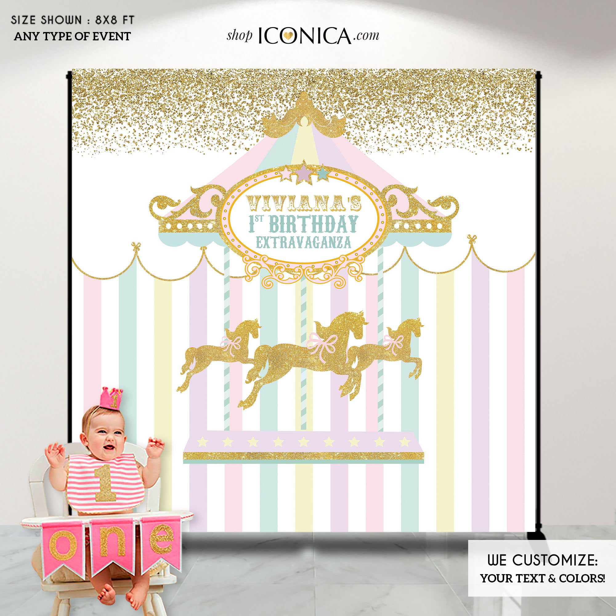 AOFOTO 9x6ft Pink Striped Merry-Go-Round Birthday Backdrop - Wrinkle-Free Polyester