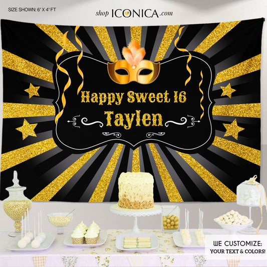 Masquerade Backdrop, Sweet Sixteen, or any age, Masquerade Ball Backdrop, Mardi Gras Backdrop, Fat Tuesday Backdrop, gold masquerade backdrop