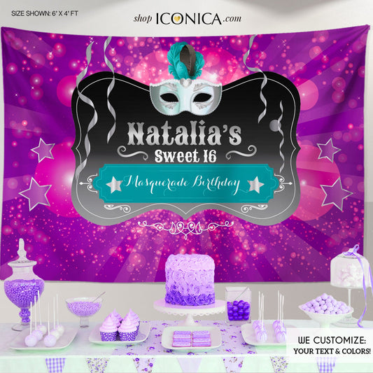 Masquerade Sweet Sixteen Party Backdrop or any age, Mardi Gras Party Photo Backdrop,Fat Tuesday Backdrop,Purple Teal Silver Party Any color