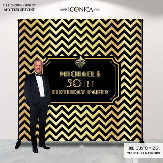 50th Birthday Photo Booth Backdrop Black and Gold Chevron, Milestone Birthday Backdrop ,50th Birthday Backdrop, 50 and Fabulous Banner, Printed BBD0096