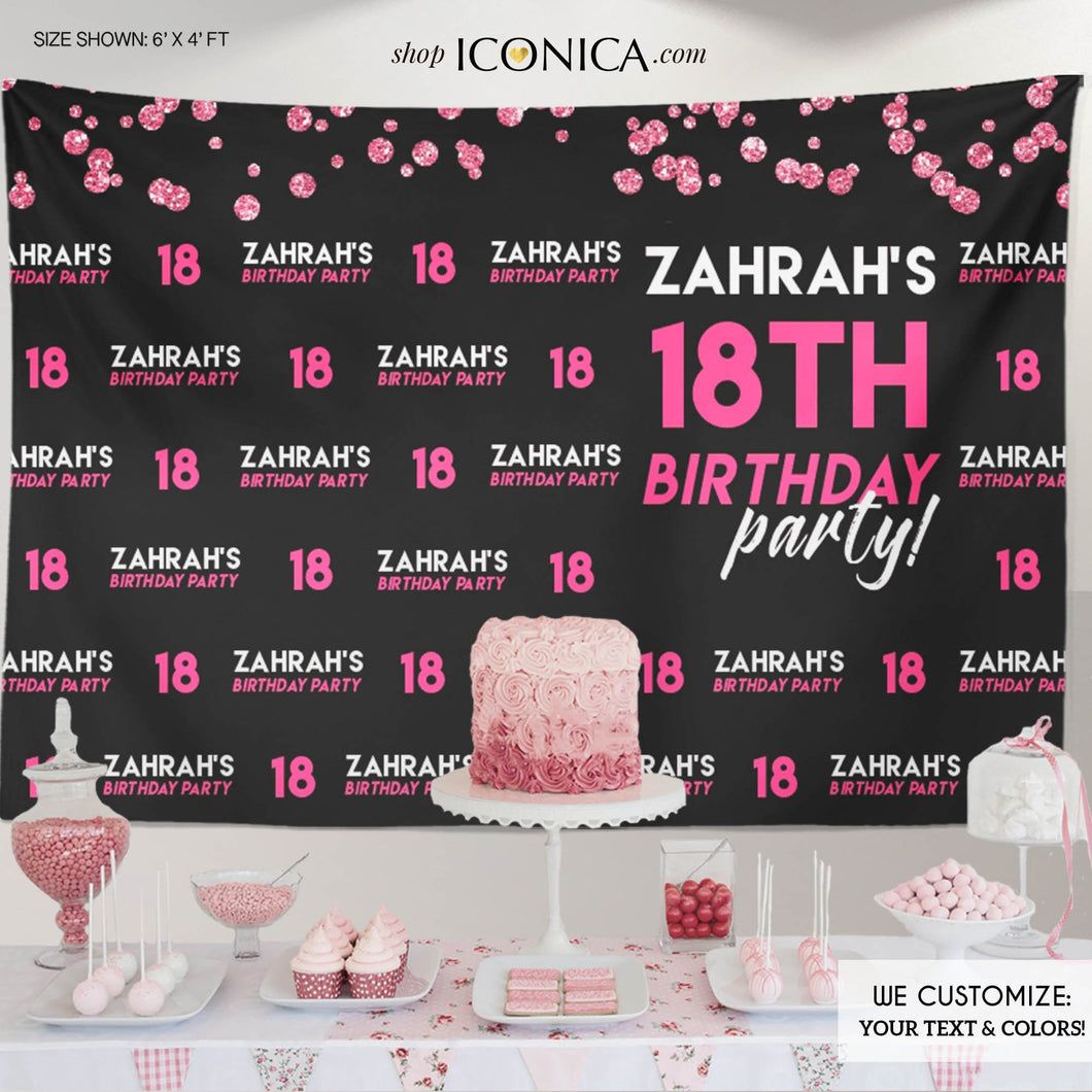 Birthday Party Backdrop, 18th Birthday Photo Booth Backdrop, Black and Pink backdrop, any age or color, Printed or Printable File BBD0116