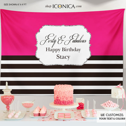 50th Birthday Backdrop Fifty and Fabulous, Milestone Birthday Backdrop, Modern Black White Stripes Fifty Birthday Printed