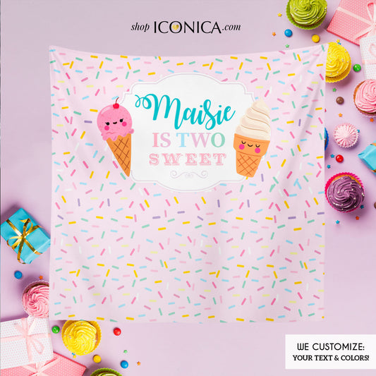 Ice cream Party Backdrop,Candyland backdrop,Cupcake Party Decorations Personalized,TWO Sweet Banner,Sprinkle Party Decor,Sweet Shop Party
