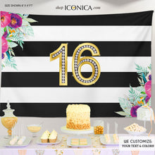Load image into Gallery viewer, Floral 60th Birthday Backdrop Milestone Backdrop, Floral Striped Banner, Any age, 60th Birthday Banner, Printed Or Printable File BBD0107
