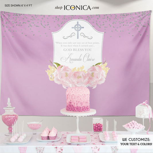 Baptism Backdrop, Purple Floral Banner, Pink Peonies Religious Banner Printed Free Shipping