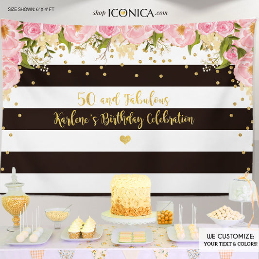 50th Birthday Floral Party Backdrop Black And White Stripes Banner Any Event Gold Confetti, Milestone Birthday Backdrop , 50 And Fabulous Printed Bbd0014