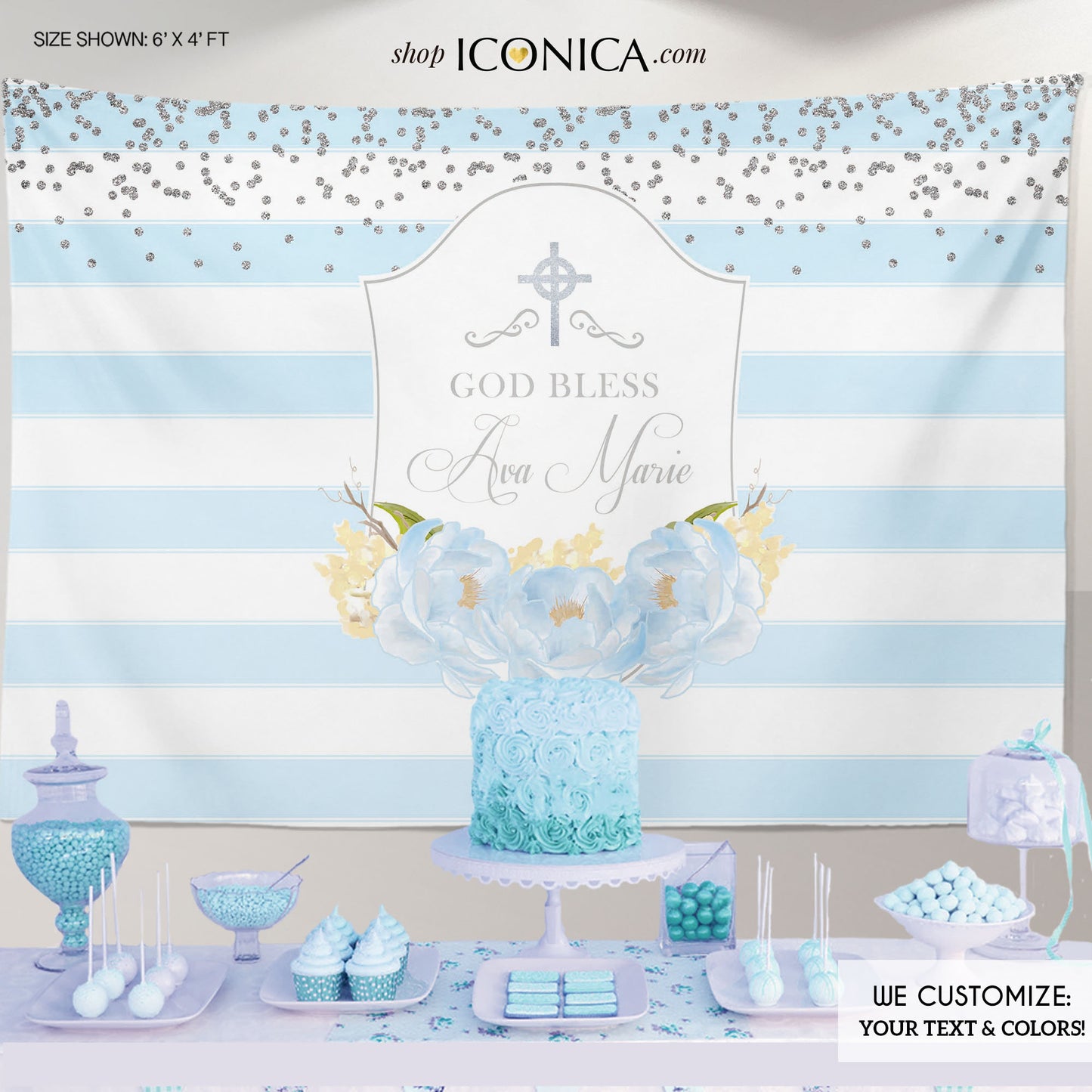First Communion Banner,Baptism Party Backdrop,Striped Floral Baptism Backdrop, Blue Peonies, Printed BAR0002