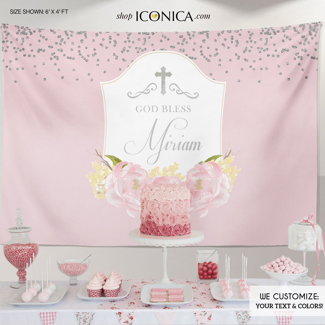 First Communion Party Backdrop, Baptism Banner, Floral Banner, Pink Peonies, Religious Backdrop, Printed BBP0005