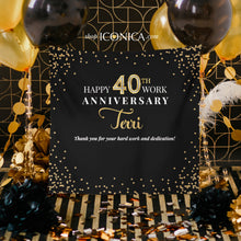 Load image into Gallery viewer, Retirement Photo Backdrop,Happy Retirement Decorations, Work Anniversary Step And Repeat Backdrop, Black and Gold Retirement Banner

