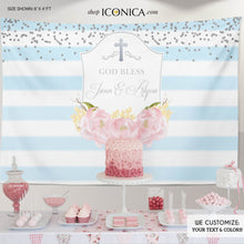Load image into Gallery viewer, Baptism Party Backdrop, Light Blue Striped Floral Banner, Pink Peonies, First Communion Banner - Printed BFC0014
