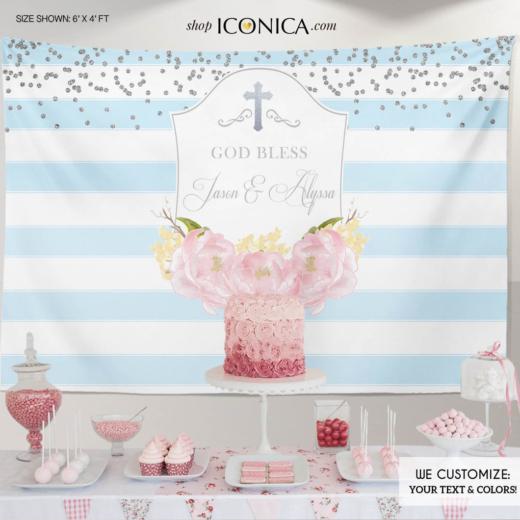 Baptism Party Backdrop, Light Blue Striped Floral Banner, Pink Peonies, First Communion Banner - Printed BFC0014
