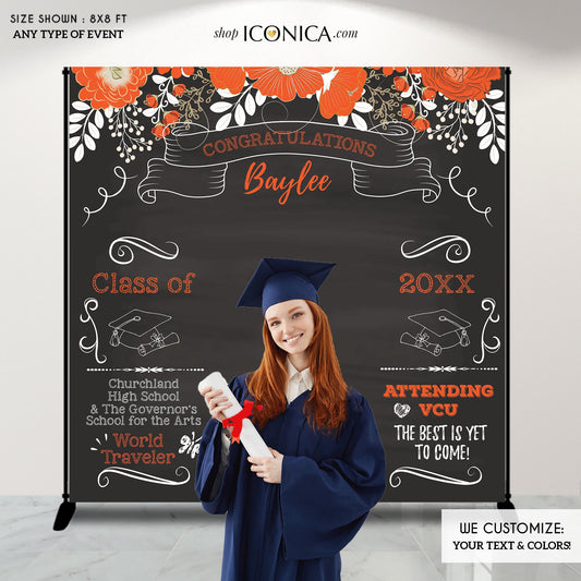 Graduation Party Photo Booth Backdrop, Virtual Graduation, Floral Step and Repeat, Congrats Grad, Banner Printed BGR0035