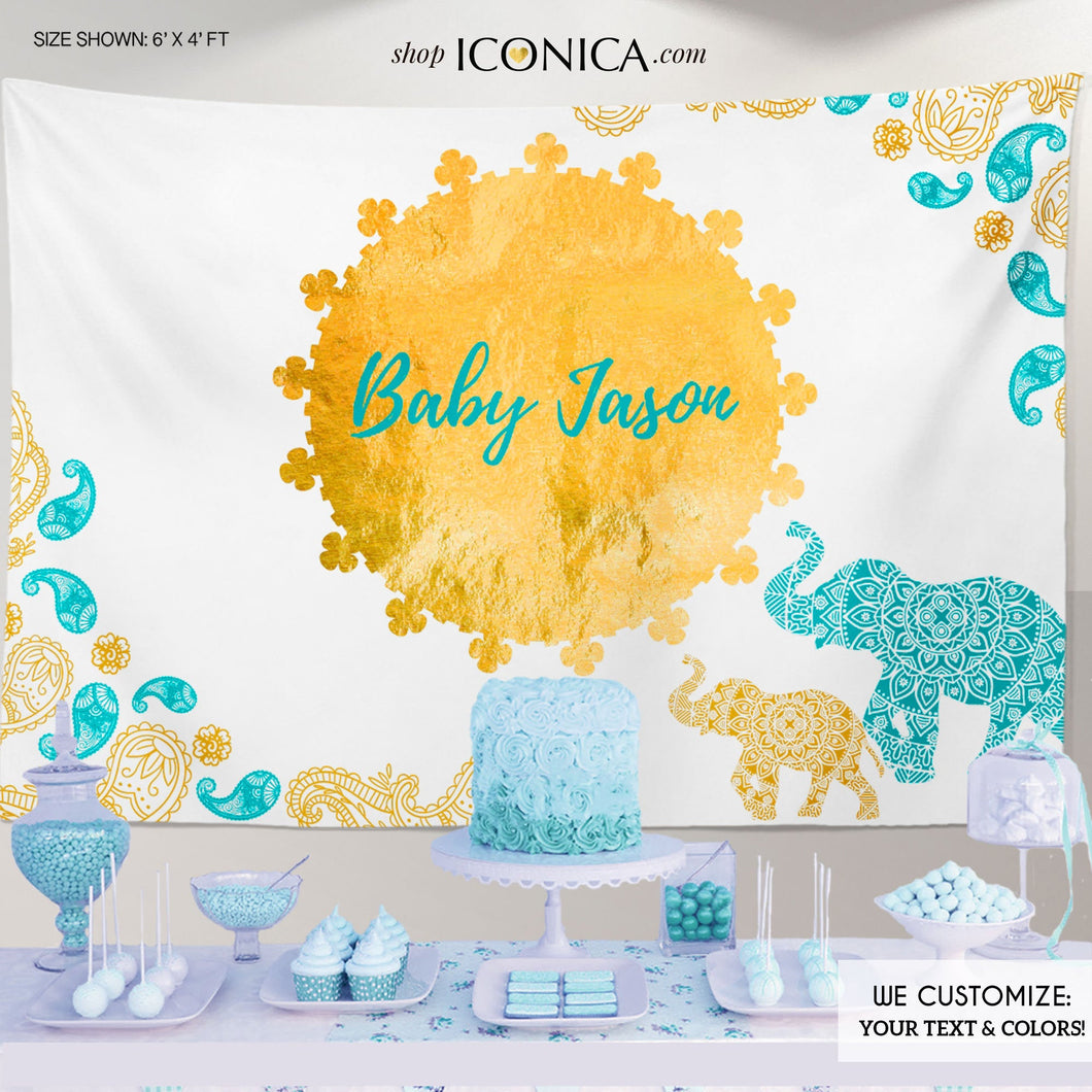 Virtual Baby Shower Moroccan Baby Shower Backdrop, Teal And Gold Elephant Party Backdrop, Any Event - Printed Or Printable File