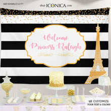 Load image into Gallery viewer, French Baby Shower Party Backdrop, Welcome Baby , Paris Party Banner, Any Wording, French Party, Printed or Printable File BBS0039
