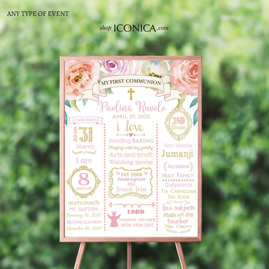 First Holy Communion Stats Sign,First Communion Sign Floral Design,Baptism Or Any Type Of Event ,Milestone Birthday Sign,Digital Or Printed