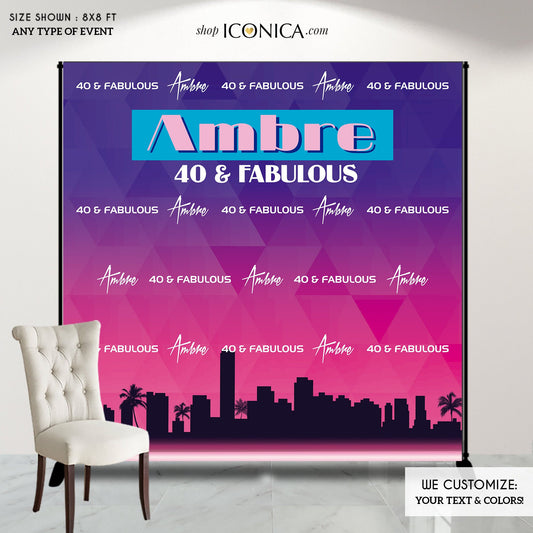 Miami Style backdrop, Skyline backdrop, Art Deco Palm trees design, Milestone Birthday Backdrop, 40 and Fabulous Party Decor, 40th Birthday Party Backdrop, Printed