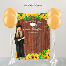 Load image into Gallery viewer, Graduation Party Photo Backdrop, Rustic Graduation Party Step and Repeat, Rustic Decoration Graduations, Sunflowers Backdrop
