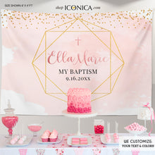 Load image into Gallery viewer, Christening Backdrop Geometric,Girls Baptism Backdrop, Modern First Communion Backdrop Personalized, Watercolor Christening Backdrop
