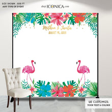Load image into Gallery viewer, Flamingo Party Backdrop - Tropical Luau Photo Booth Backdrop - Let&#39;s Flamingle - Tiki Party Pool Party Printed Or Printable File BAE0007
