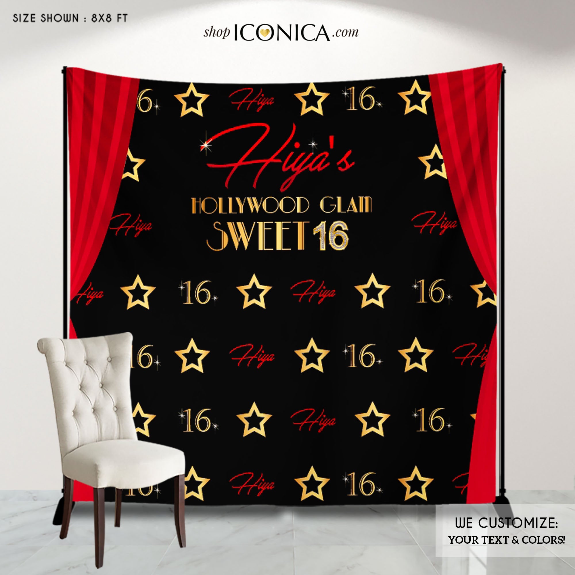 Hollywood Party Backdrop,Personalized Movie Star backdrop, Sweet Sixte –  Iconica Design, image size:2000x2000