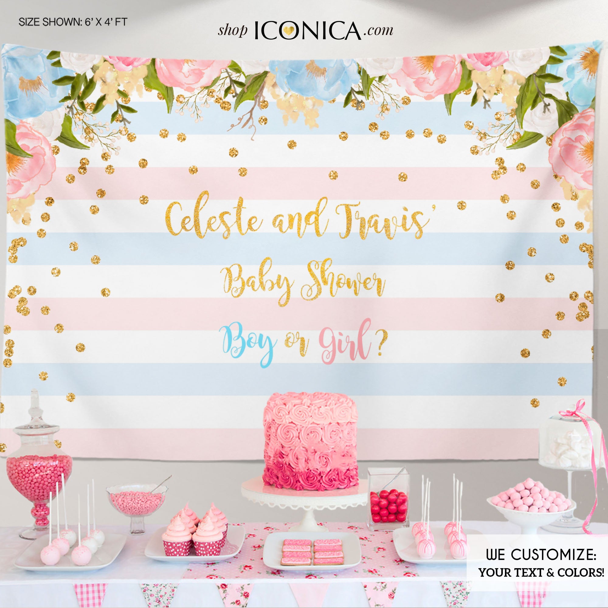 Gender Reveal Baby Shower Floral Blue or Pink Backdrop , Boy or Girl B –  Iconica Design