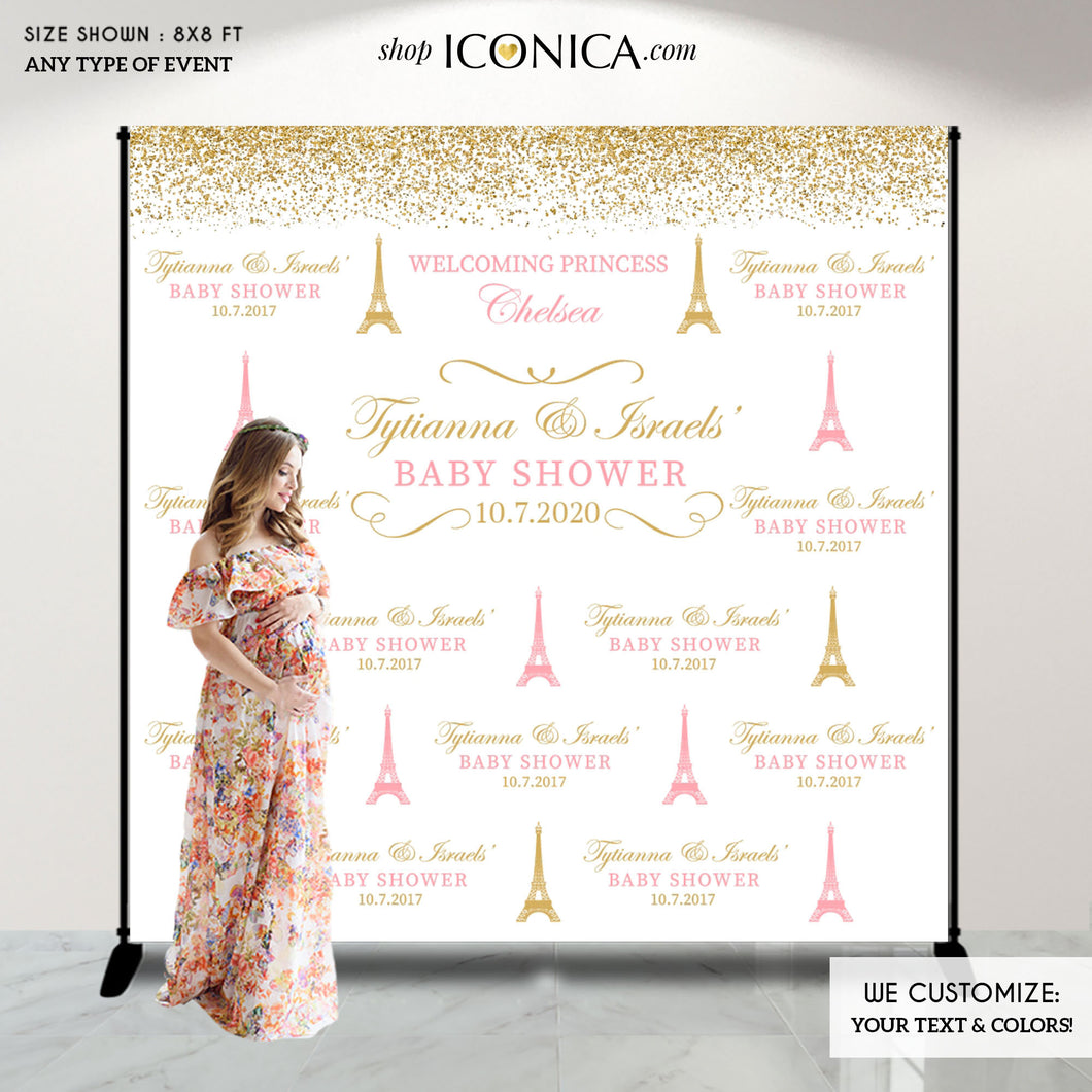 Paris Baby Shower Photo Booth Backdrop,  Welcoming Princess Backdrop, Step and Repeat French Baby Shower , Printed Or Digital File BBS0044