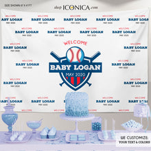 Load image into Gallery viewer, Baseball Baby Shower Photo Booth Backdrop, Cubs Theme, Custom Step and Repeat Backdrop, Welcome Baby, Sports Backdrop Virtual Baby Shower
